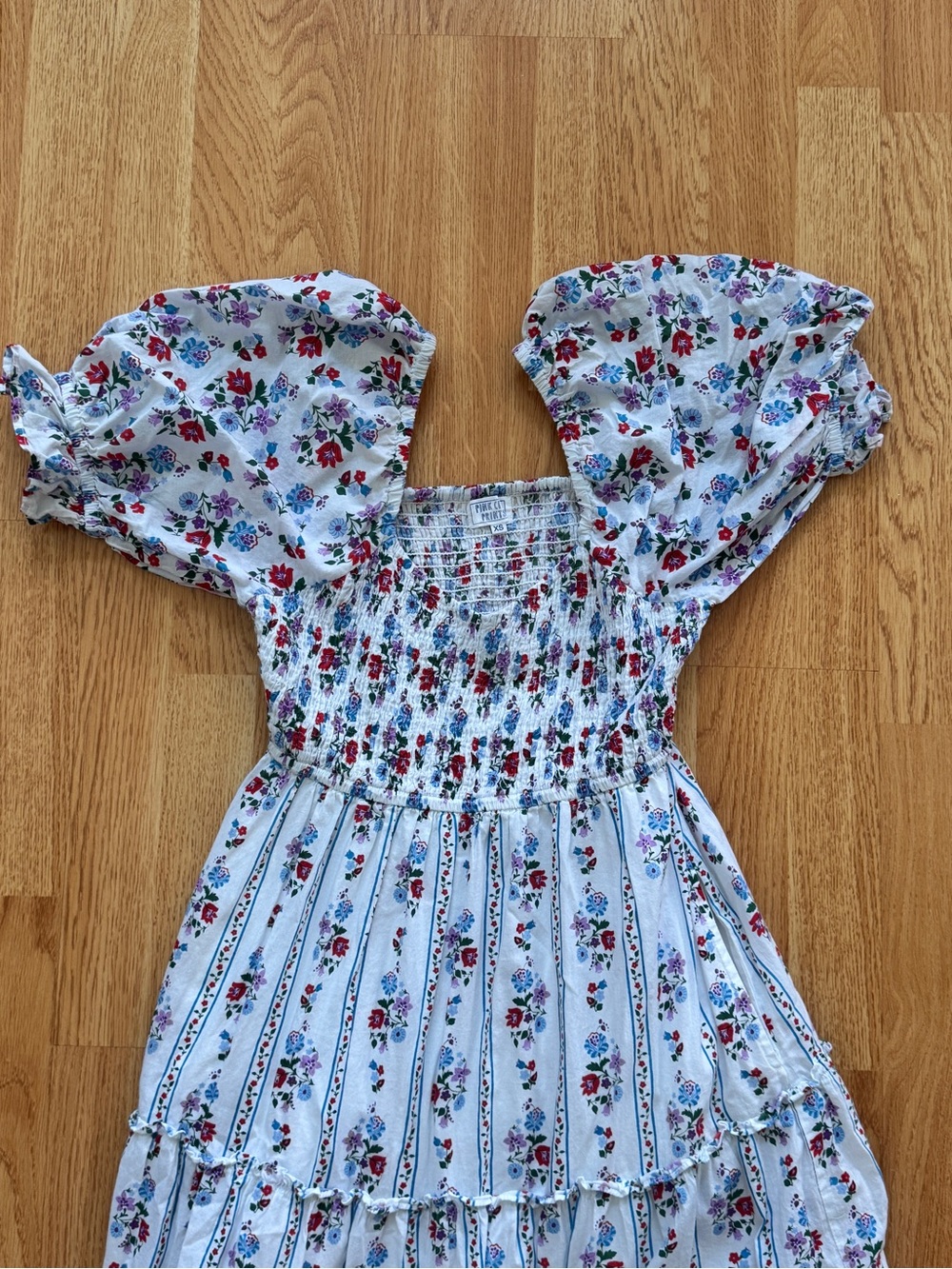 EUC Pink City Prints Smocked Bodice Blue & White Floral Midi Dress w/ pockets XS - Picture 4 of 5